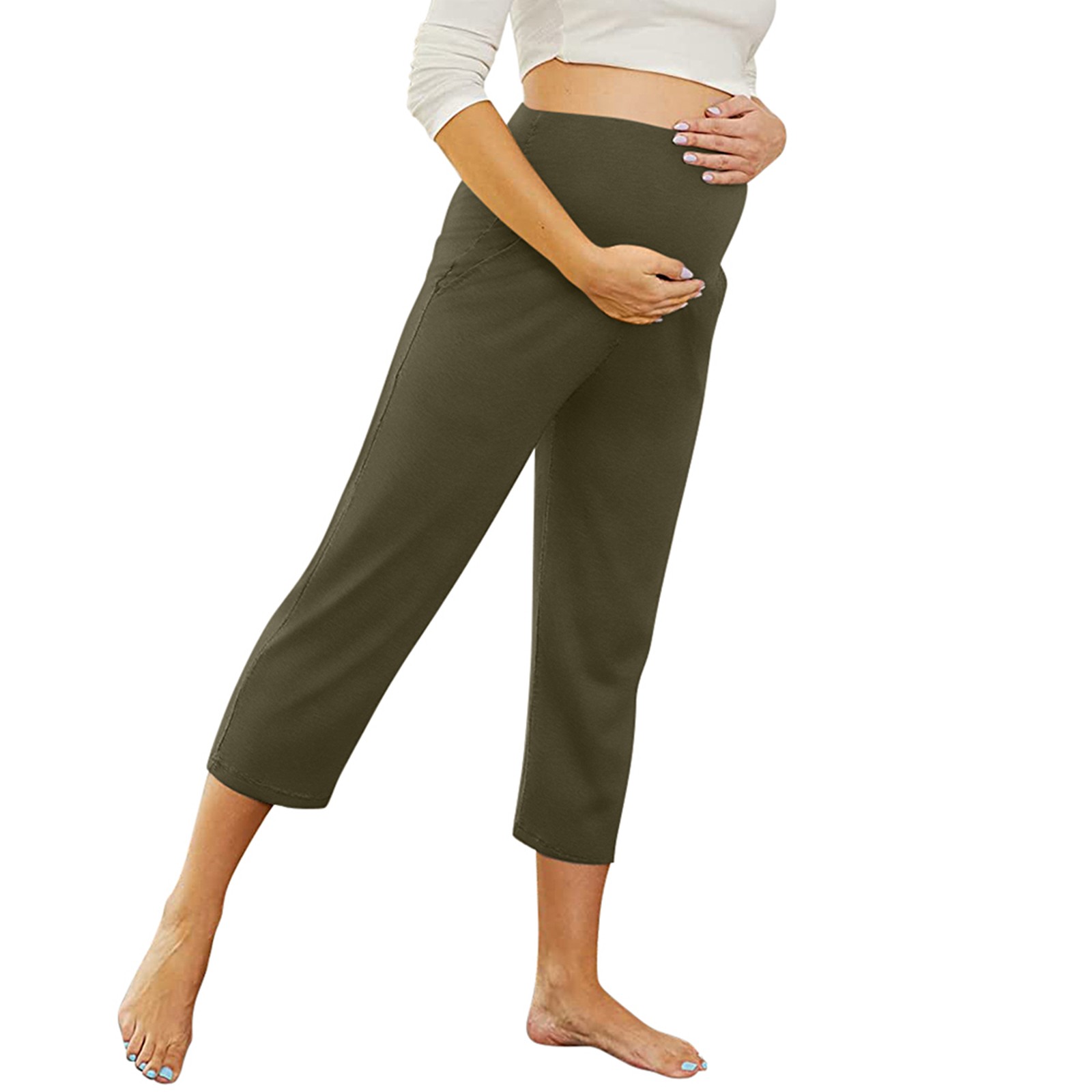 thumbnail image 5 of Pantalones de yoga premamá con cintura elástica - Color liso, bolsillos funcionales, lavables a mano/a máquina, ideales para el día a día/correr, tallas S-XXL, 5 of 8